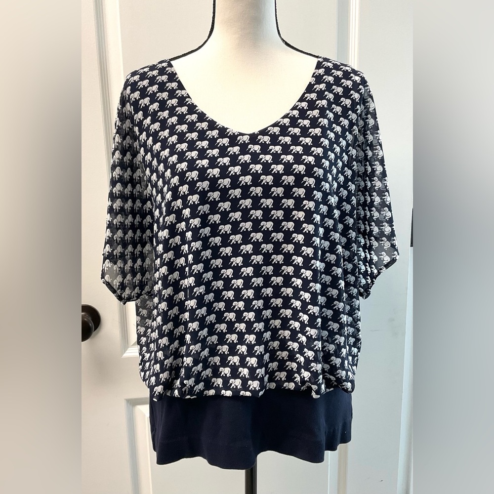 CABI Navy Elephant Pattern Blouse LG